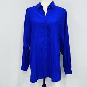 VTG 80s Sunny Leigh L Blue 100% Silk Crinkle Blouse Old Money Classic Relaxed*